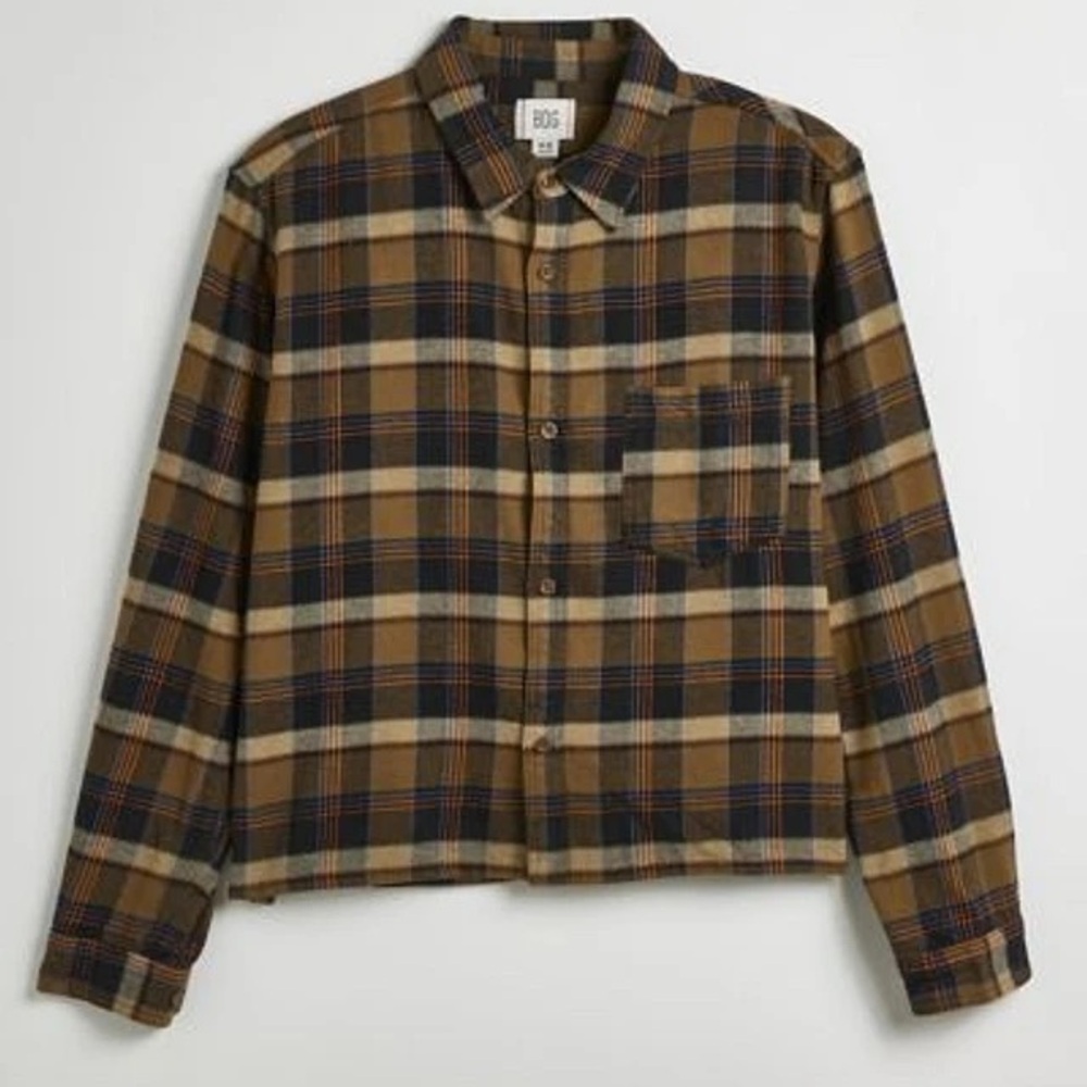NEW BDG Plaid Flannel Shirt Medium - Orange, Brown & Blue Plaid Flannel